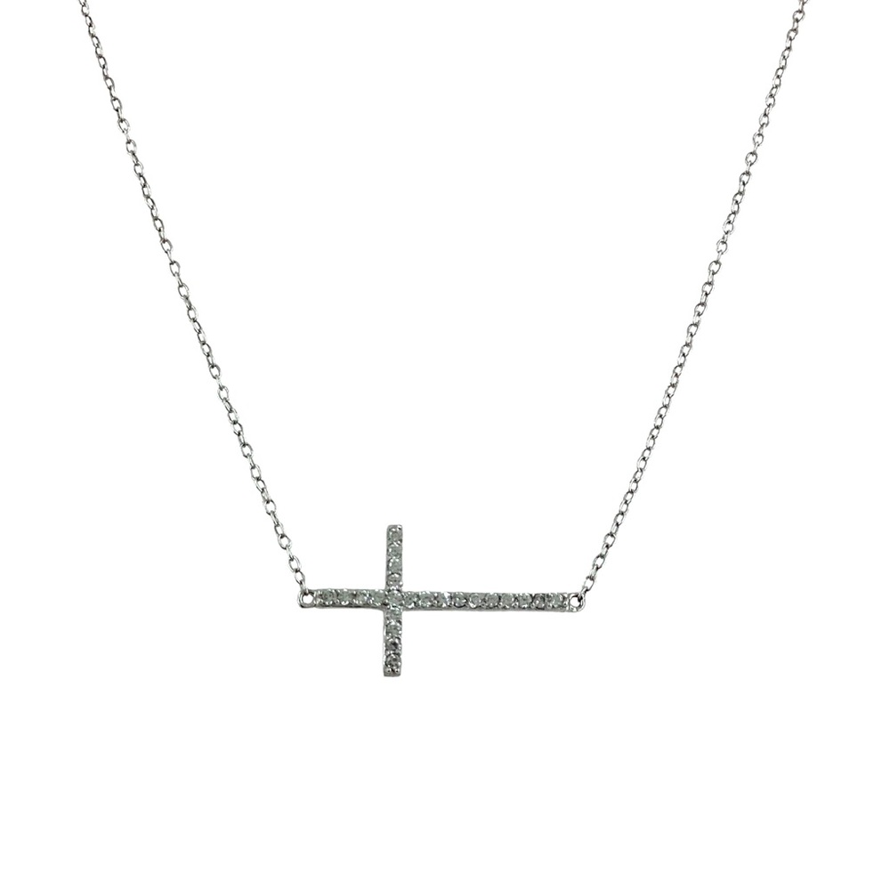 925 Sterling  Cross Pendant Dainty Necklace, 16 in, Pave CZ, Ice Clear Stones